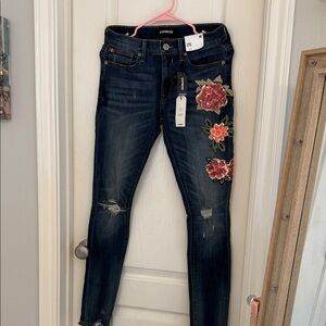 Express Women's Dark Blue Floral Embroidered Jeans 4R NWT